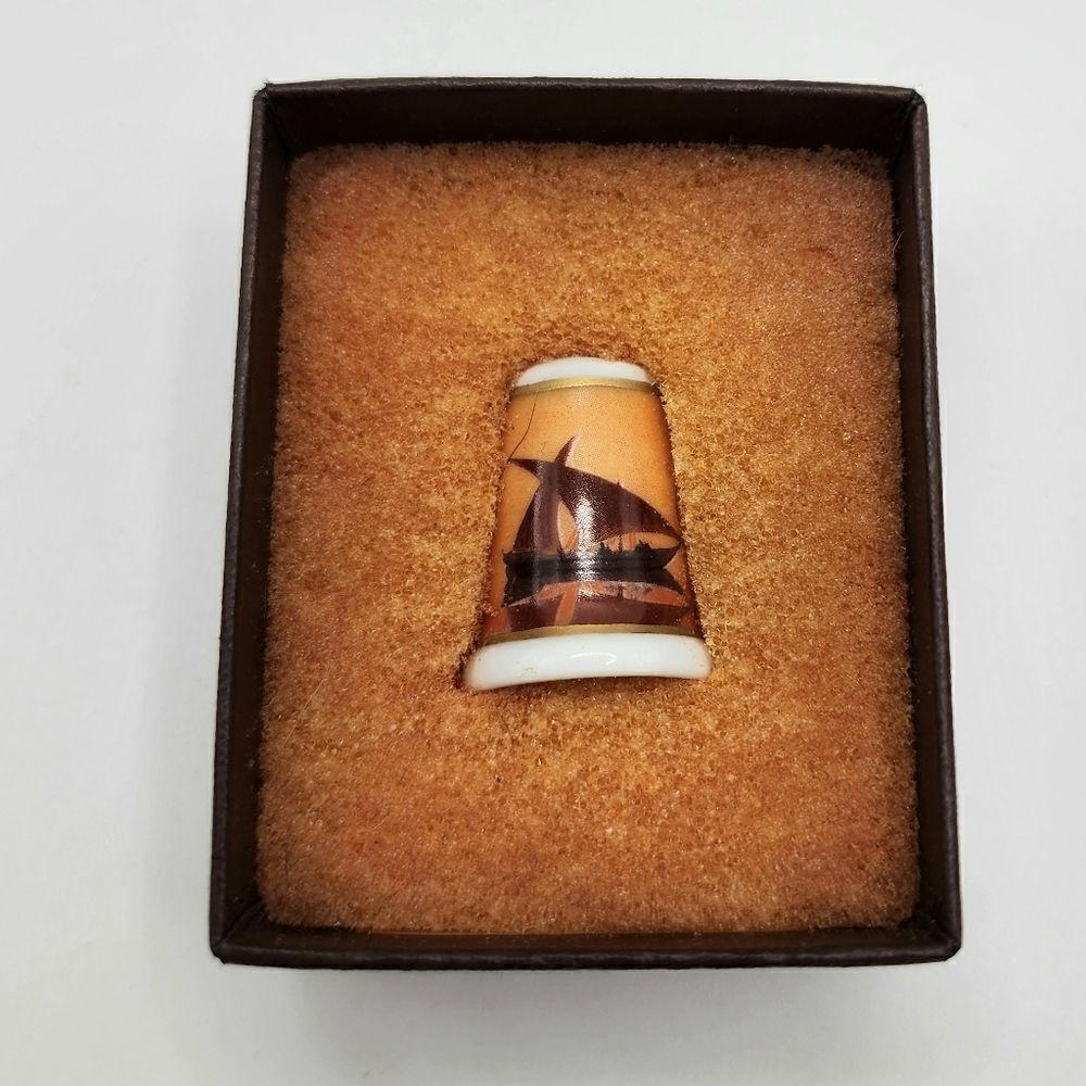 Vintage porcelain Limoges sunset ships thimble